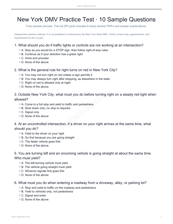 2026 New York DMV Practice Test PDF Pack sample question preview